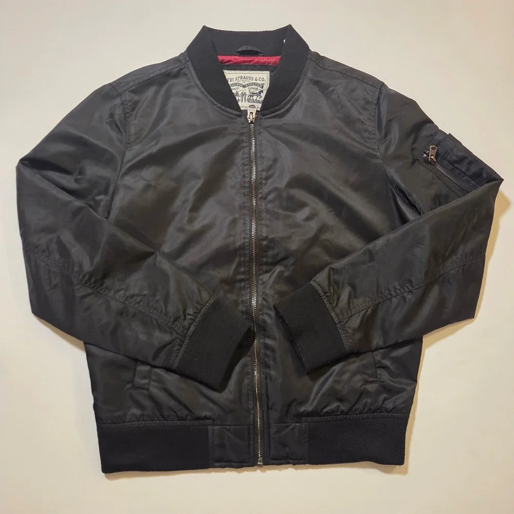 Levis Mens Black Bomber Jacket Flight MA-1 Style Red Lining Small